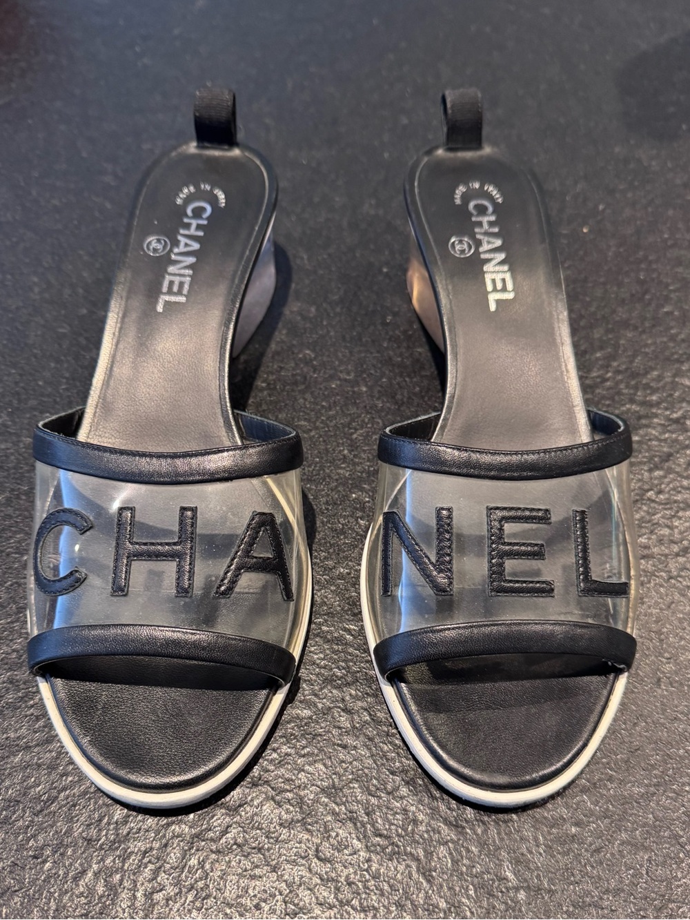 CHANEL Black Clear Logo Slide Mules